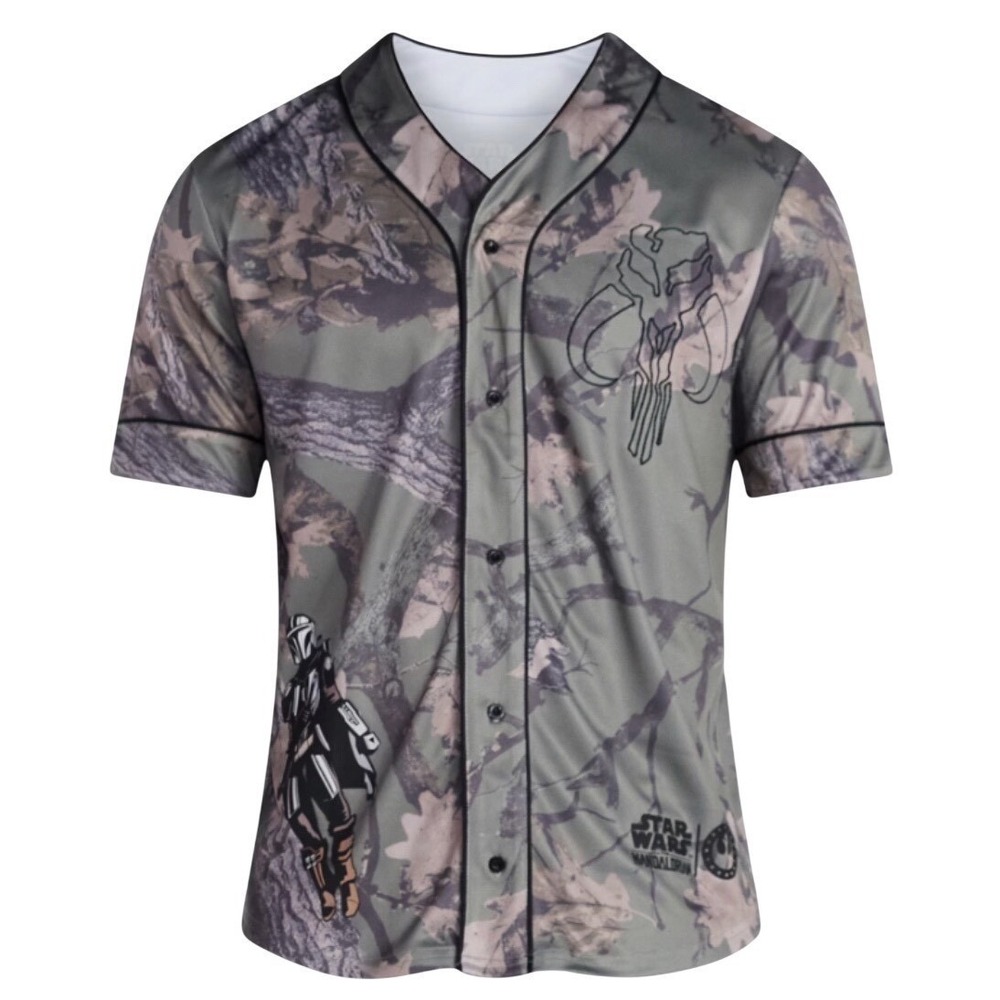 Star Wars The Mandalorian Men Camo Baseball Jersey Mando Mythosaur Skull M NEW
